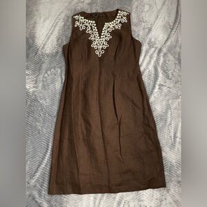 Talbots 100% Linen Beaded Sleeveless Dress Brown 6